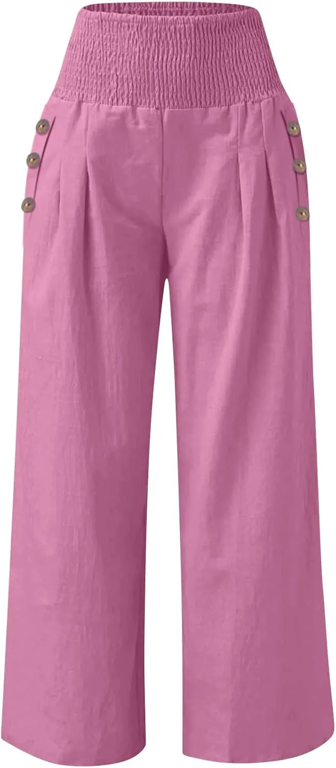 Wide Leg Linen Pants Women Summer Stretch Smocked High Waisted Palazzo Pants 2025 Vacation Casual Beach Travel Pants
