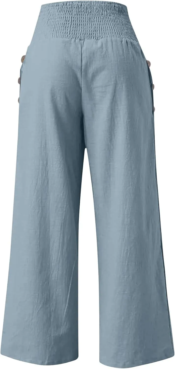 Wide Leg Linen Pants Women Summer Stretch Smocked High Waisted Palazzo Pants 2025 Vacation Casual Beach Travel Pants