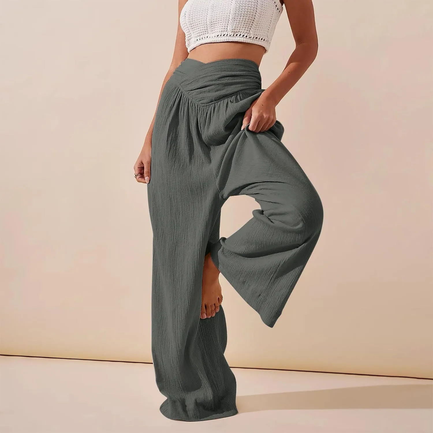 Wide Leg Palazzo Pants for Women Casual Beach Flowy Linen Pants Crossover High Waisted Long Lounge Pants with Pockets