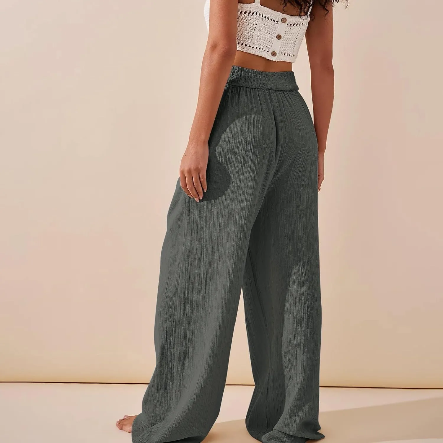Wide Leg Palazzo Pants for Women Casual Beach Flowy Linen Pants Crossover High Waisted Long Lounge Pants with Pockets