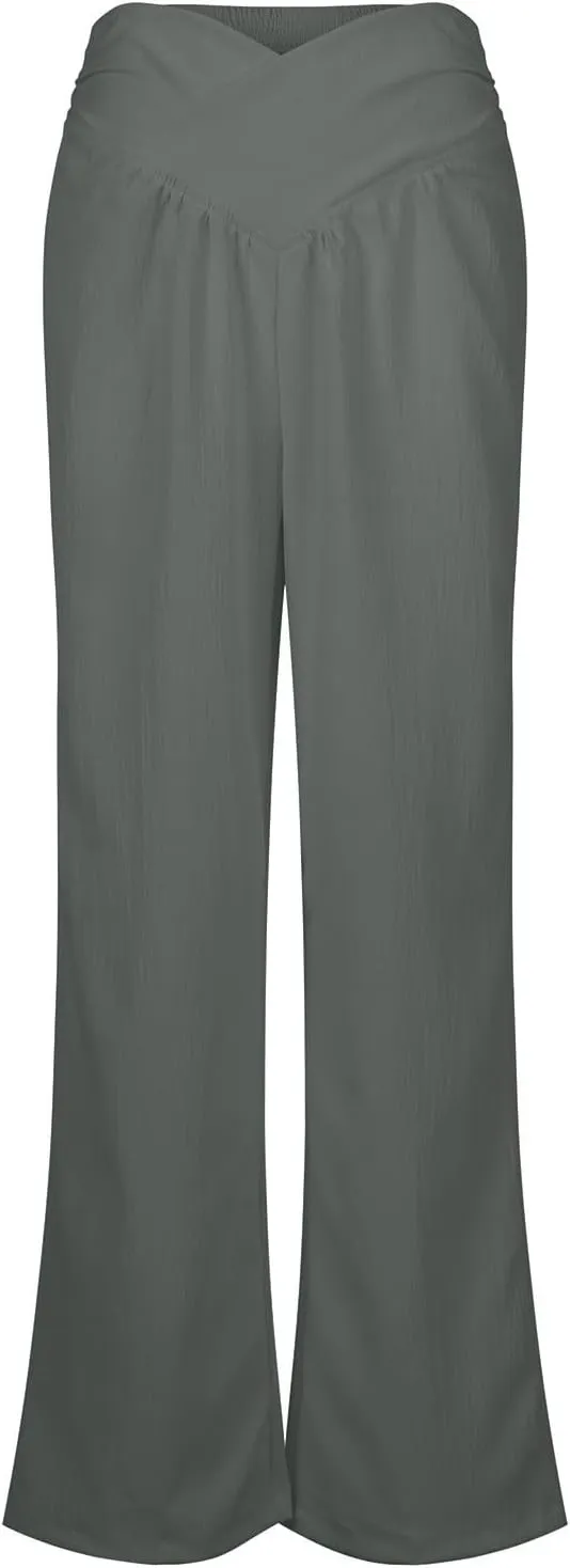 Wide Leg Palazzo Pants for Women Casual Beach Flowy Linen Pants Crossover High Waisted Long Lounge Pants with Pockets