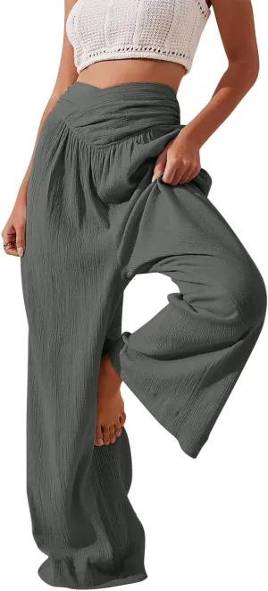 Wide Leg Palazzo Pants for Women Casual Beach Flowy Linen Pants Crossover High Waisted Long Lounge Pants with Pockets
