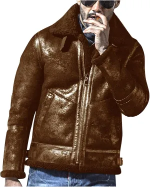 Winter Coat For Men,Bomber Faux Leather Jacket For Men Vintage Turn-Down Collar Sherpa Lining Motorcycle Sport Jackets