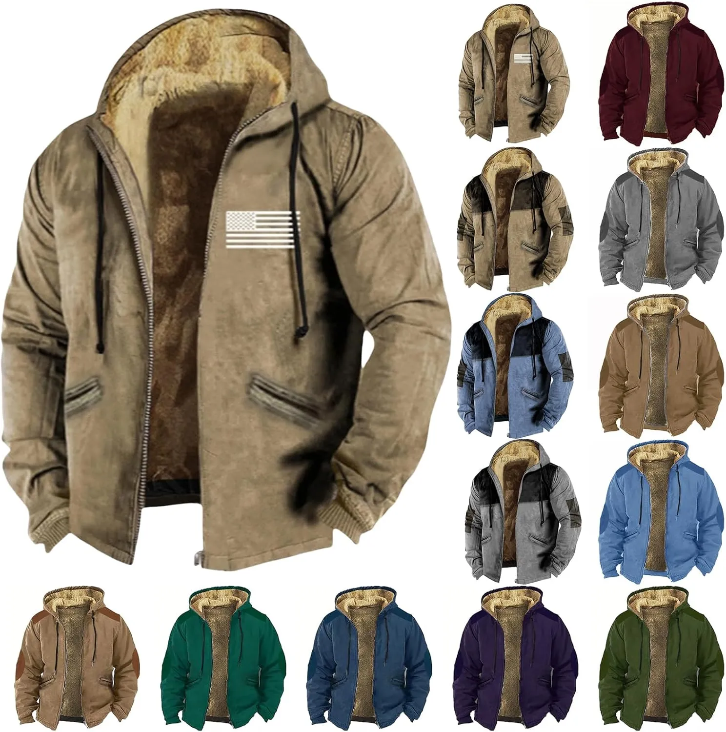 Winter Jackets for Men Fleece Lined Warm Sweatshirt Long Sleeve Zipper Hoodie Sports Hooded Jacket Coat with Pockets