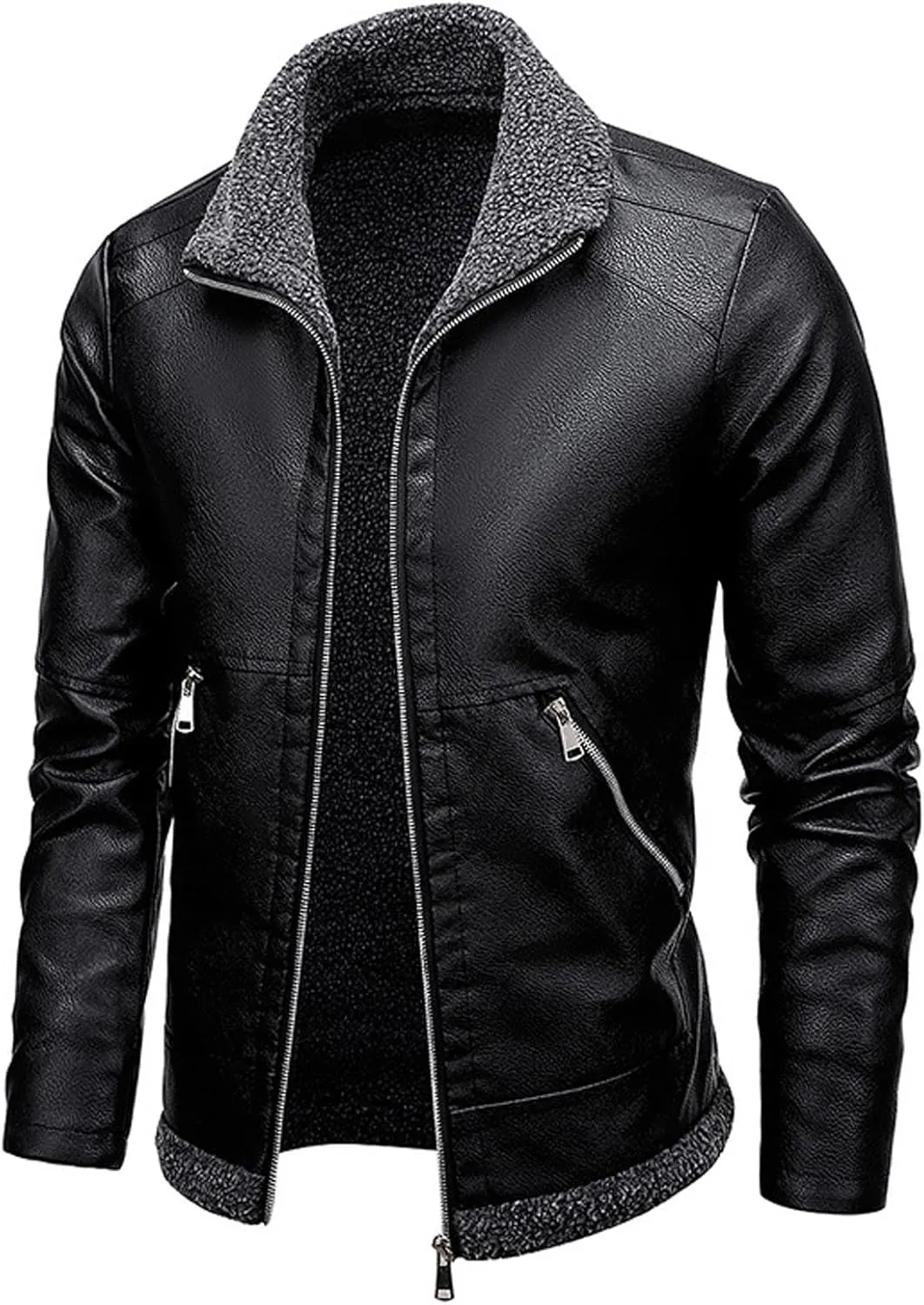 Winter Warm Sherpa Leather Jackets Mens Stylish Fleece Lined PU Coats Lapel Zip Up Motorcycle Outerwear Biker Coat