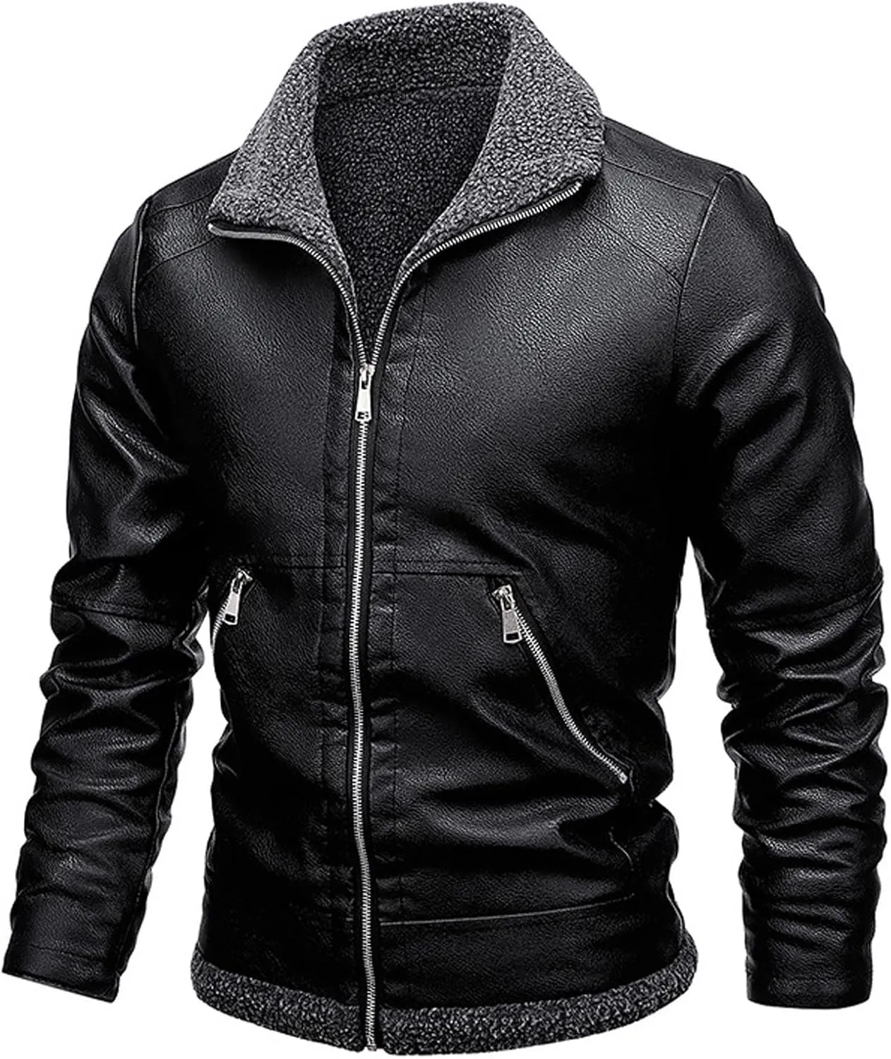 Winter Warm Sherpa Leather Jackets Mens Stylish Fleece Lined PU Coats Lapel Zip Up Motorcycle Outerwear Biker Coat
