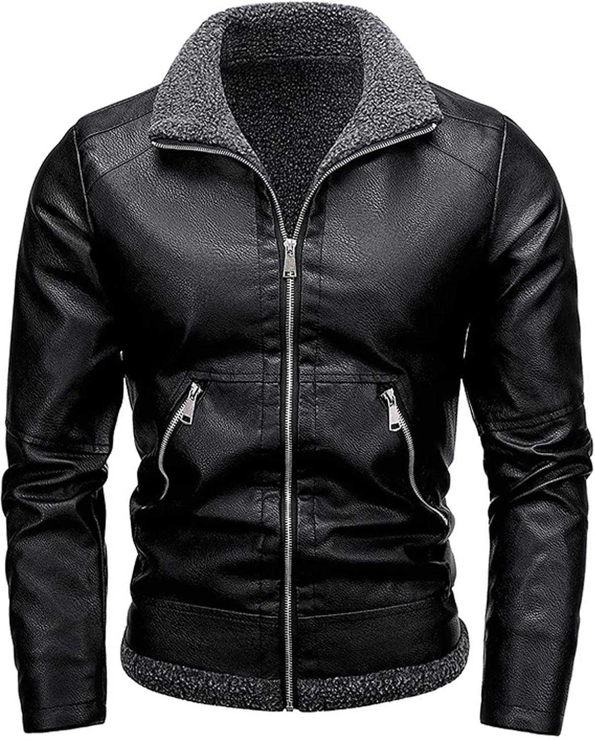 Winter Warm Sherpa Leather Jackets Mens Stylish Fleece Lined PU Coats Lapel Zip Up Motorcycle Outerwear Biker Coat