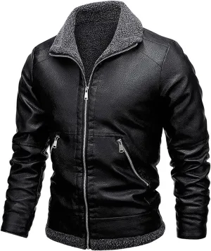 Winter Warm Sherpa Leather Jackets Mens Stylish Fleece Lined PU Coats Lapel Zip Up Motorcycle Outerwear Biker Coat