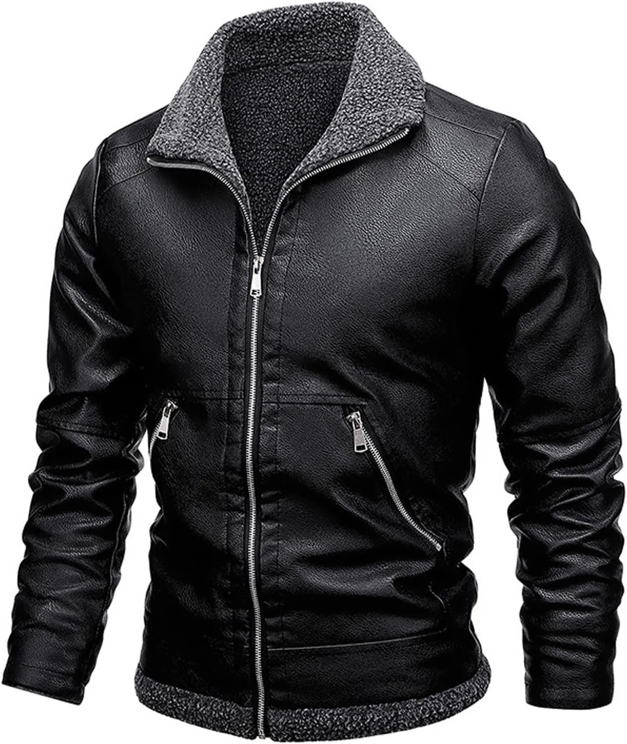 Winter Warm Sherpa Leather Jackets Mens Stylish Fleece Lined PU Coats Lapel Zip Up Motorcycle Outerwear Biker Coat