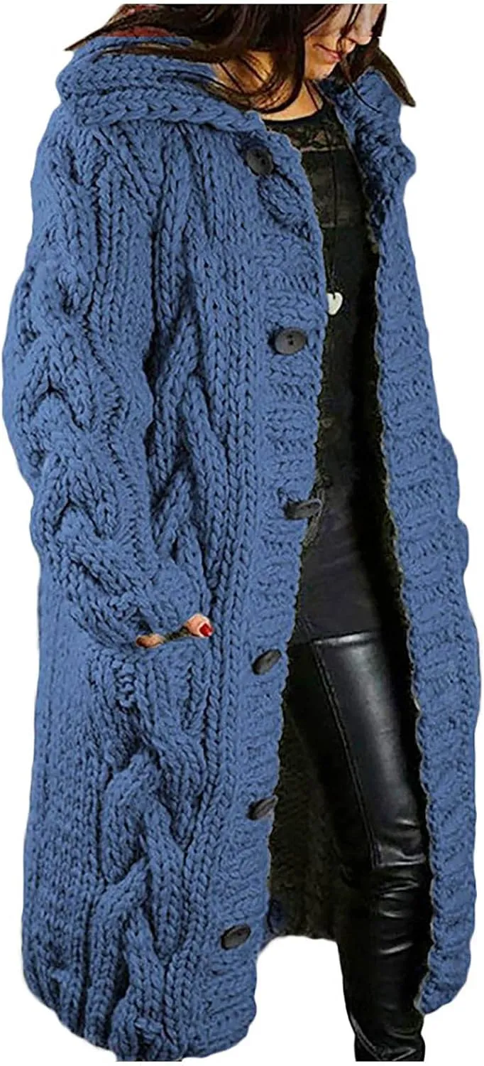 Wkishenl Women's Long Sleeve Cardigan Sweaters Oversized Button Down Cable Knit Coats Casual Open Front Long Sleeve Outerwear