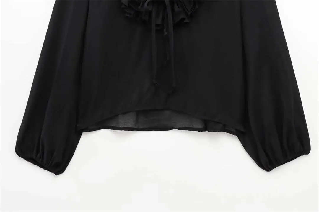 Woman Ruffled Lace Up Shirts Single Breasted Striped Shirt Slim Blouses