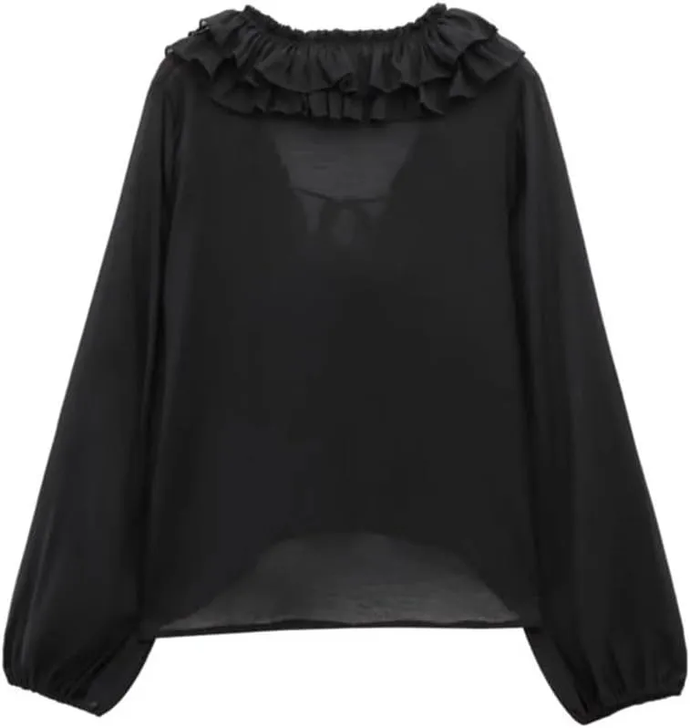 Woman Ruffled Lace Up Shirts Single Breasted Striped Shirt Slim Blouses