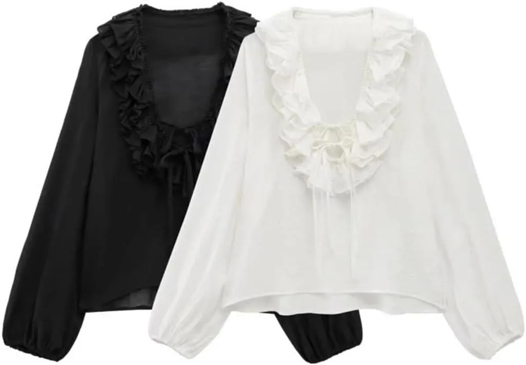 Woman Ruffled Lace Up Shirts Single Breasted Striped Shirt Slim Blouses