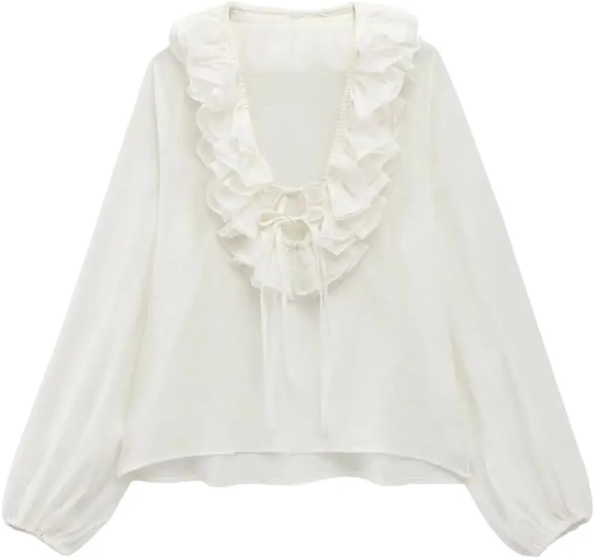 Woman Ruffled Lace Up Shirts Single Breasted Striped Shirt Slim Blouses