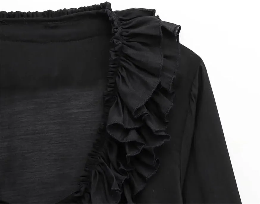 Woman Ruffled Lace Up Shirts Single Breasted Striped Shirt Slim Blouses