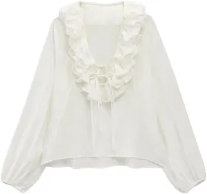 Woman Ruffled Lace Up Shirts Single Breasted Striped Shirt Slim Blouses