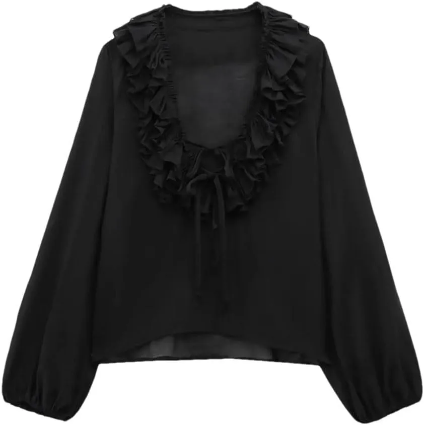 Woman Ruffled Lace Up Shirts Single Breasted Striped Shirt Slim Blouses