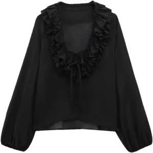 Woman Ruffled Lace Up Shirts Single Breasted Striped Shirt Slim Blouses