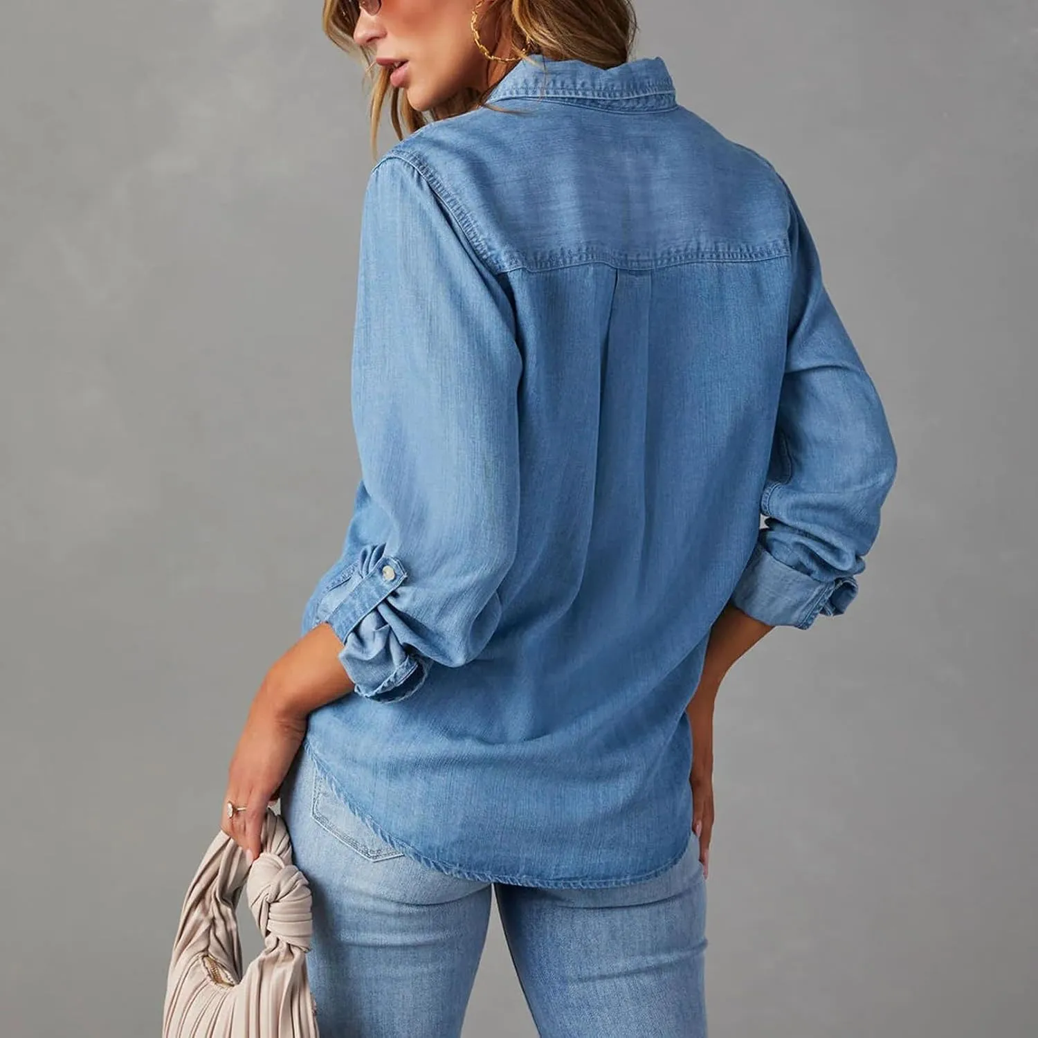 Women Button Down Chambray Denim Shirt Collared Long Sleeve Blouse Business Casual Tops with Pockets