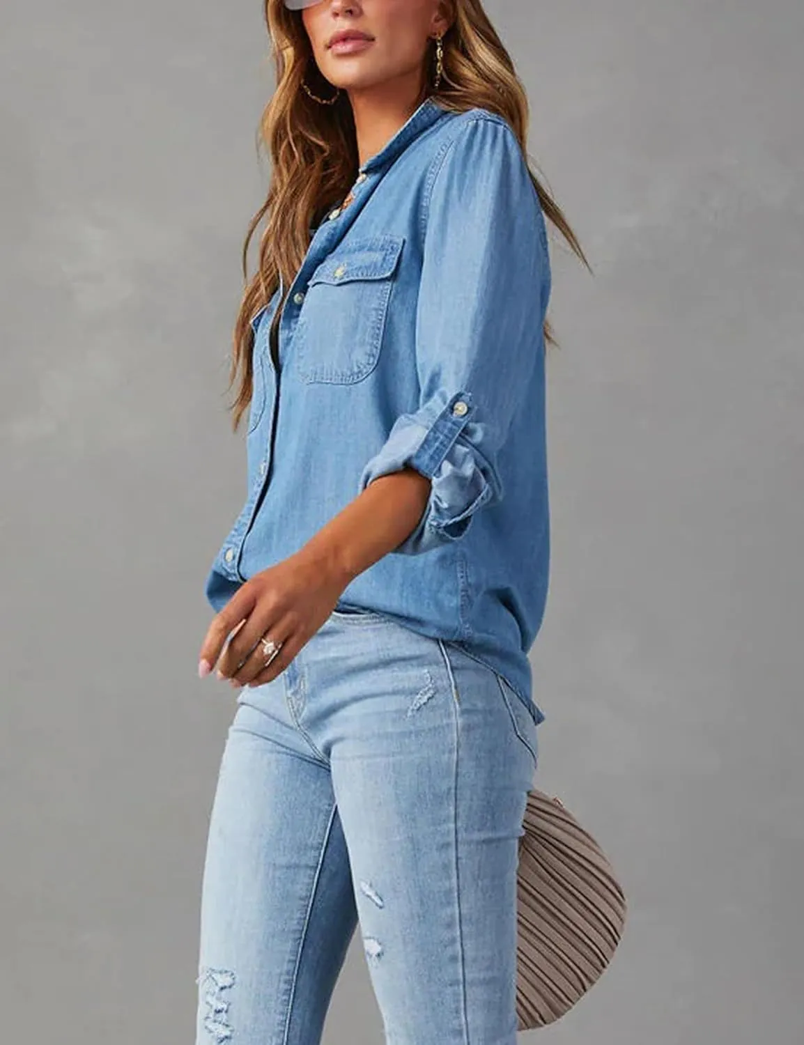 Women Button Down Chambray Denim Shirt Collared Long Sleeve Blouse Business Casual Tops with Pockets