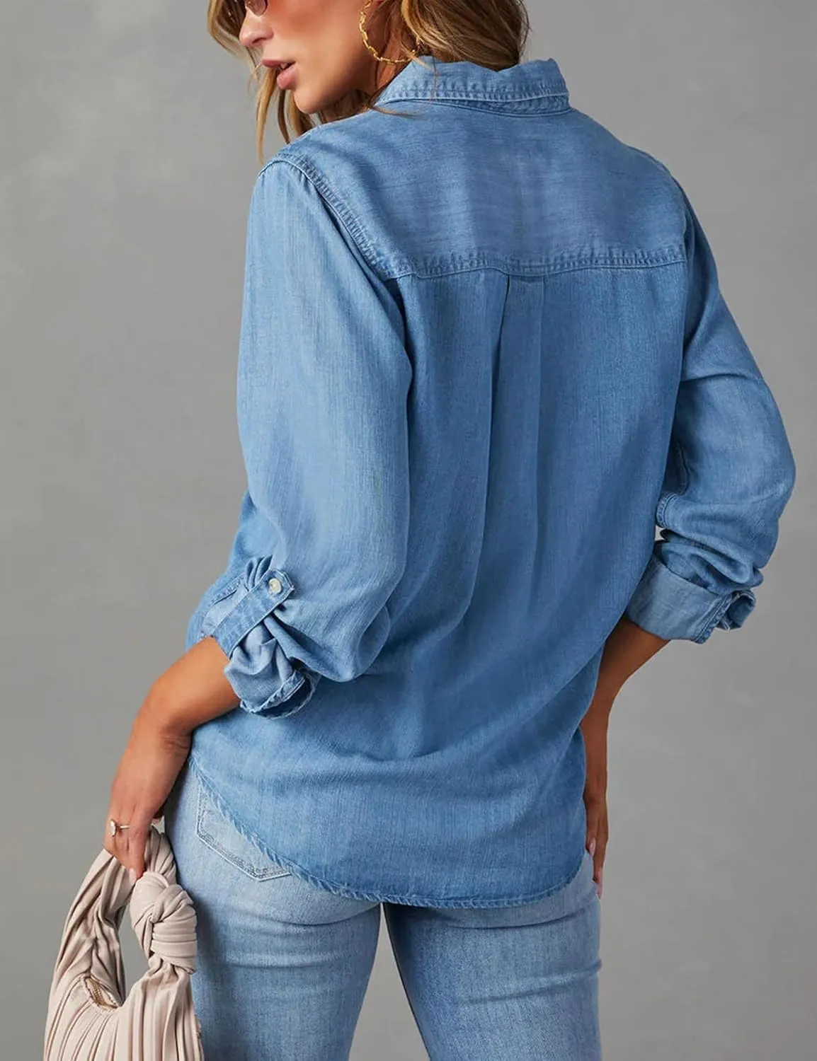 Women Button Down Chambray Denim Shirt Collared Long Sleeve Blouse Business Casual Tops with Pockets