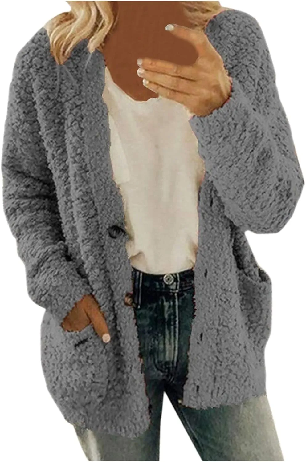 Women Casual Plus Size Plush Sweater Pockets Outerwear Buttons Cardigan Coat Hooded Lightweight Jacket for