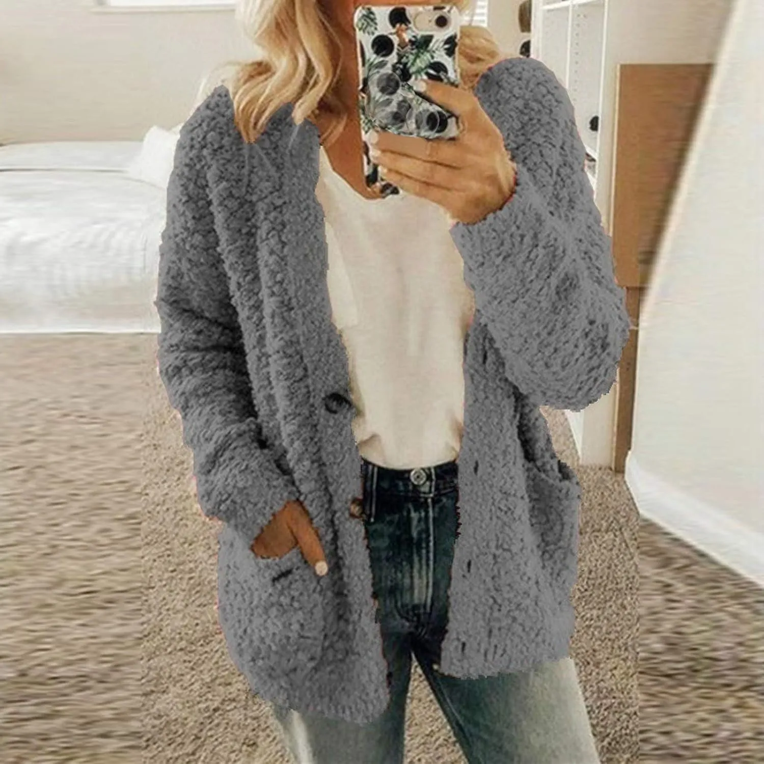 Women Casual Plus Size Plush Sweater Pockets Outerwear Buttons Cardigan Coat Hooded Lightweight Jacket for