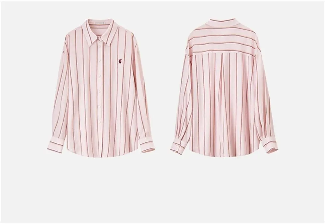 Women Casual Striped Shirt Embroidery Turn Down Collar Blouses Solid Color Office Lady Work Top