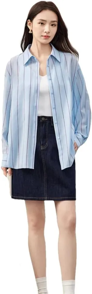 Women Casual Striped Shirt Embroidery Turn Down Collar Blouses Solid Color Office Lady Work Top
