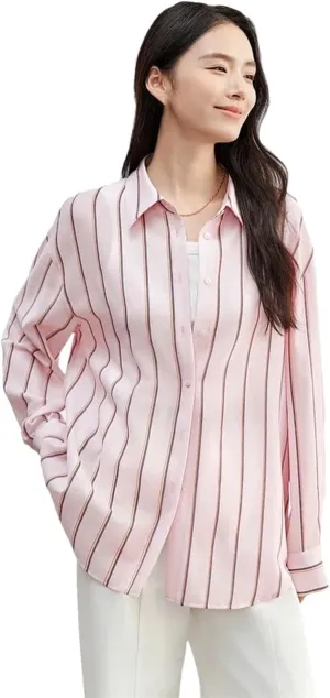 Women Casual Striped Shirt Embroidery Turn Down Collar Blouses Solid Color Office Lady Work Top