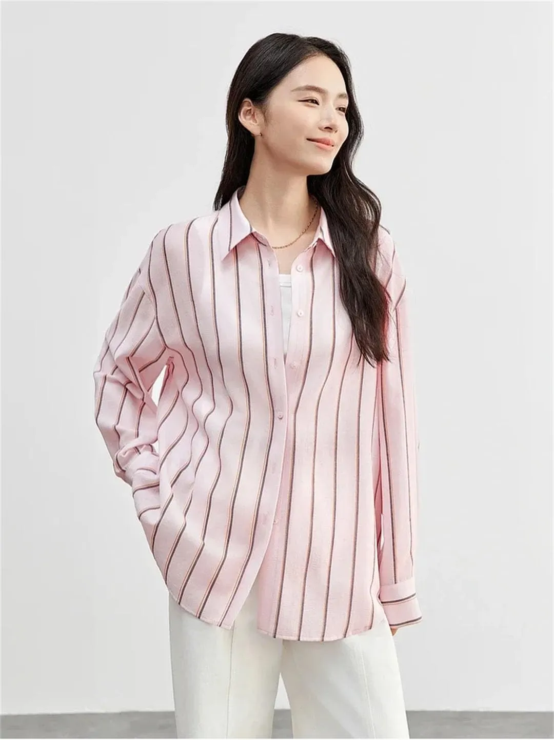 Women Casual Striped Shirt Embroidery Turn Down Collar Blouses Solid Color Office Lady Work Top