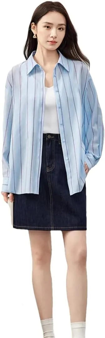 Women Casual Striped Shirt Embroidery Turn Down Collar Blouses Solid Color Office Lady Work Top