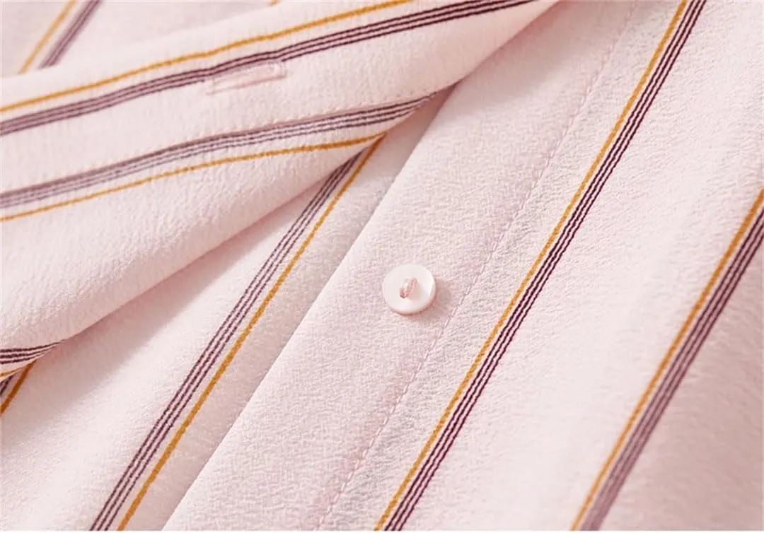 Women Casual Striped Shirt Embroidery Turn Down Collar Blouses Solid Color Office Lady Work Top