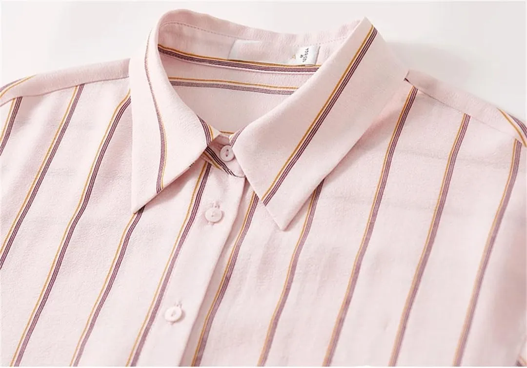 Women Casual Striped Shirt Embroidery Turn Down Collar Blouses Solid Color Office Lady Work Top