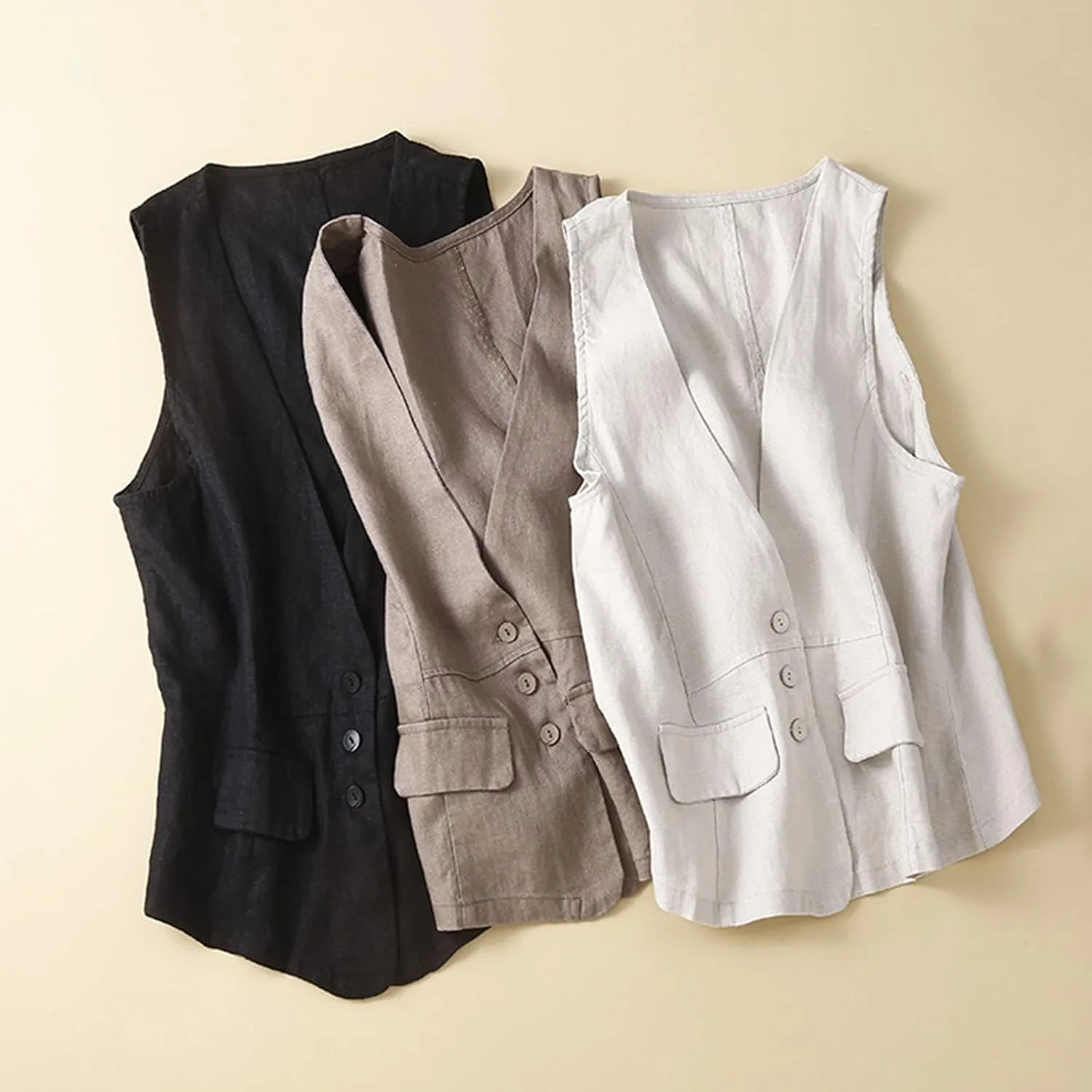 Women Casual Waistcoat Lightweight Sleeveless Button Vest Tops Trendy Plain Cardigan Gilet Jacket with Pockets