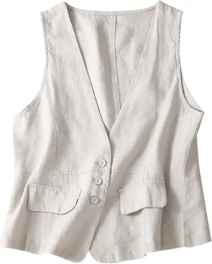 Women Casual Waistcoat Lightweight Sleeveless Button Vest Tops Trendy Plain Cardigan Gilet Jacket with Pockets