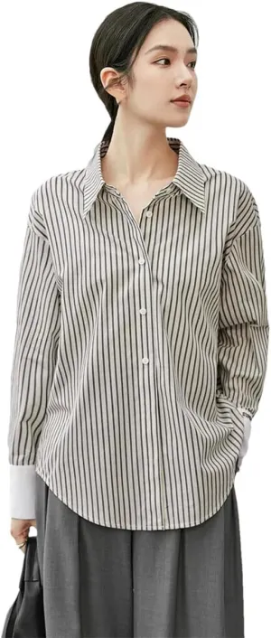 Women Cotton Striped Shirt Patchwork Embroidery Turn Down Collar Blouses Curved Hem Work Top