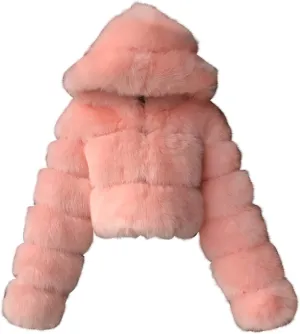 Women Faux Fur Cropped Coat Jacket Winter Warm Crop Hooded Pullover Ladies Fluffy Teddy Bear Splicing Short Outerwear