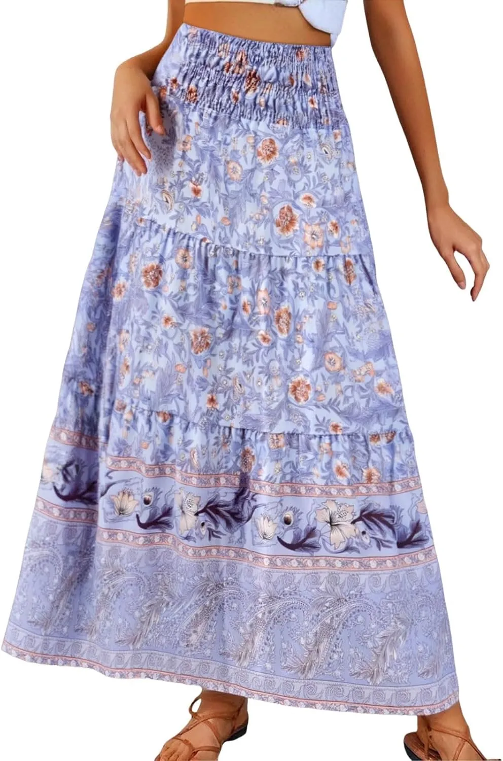Women Floral Midi Skirt Flowy Elastic Waist Long Skirts Boho Summer Vacation Beach A-Line Swing Skirts 2025 Fashion