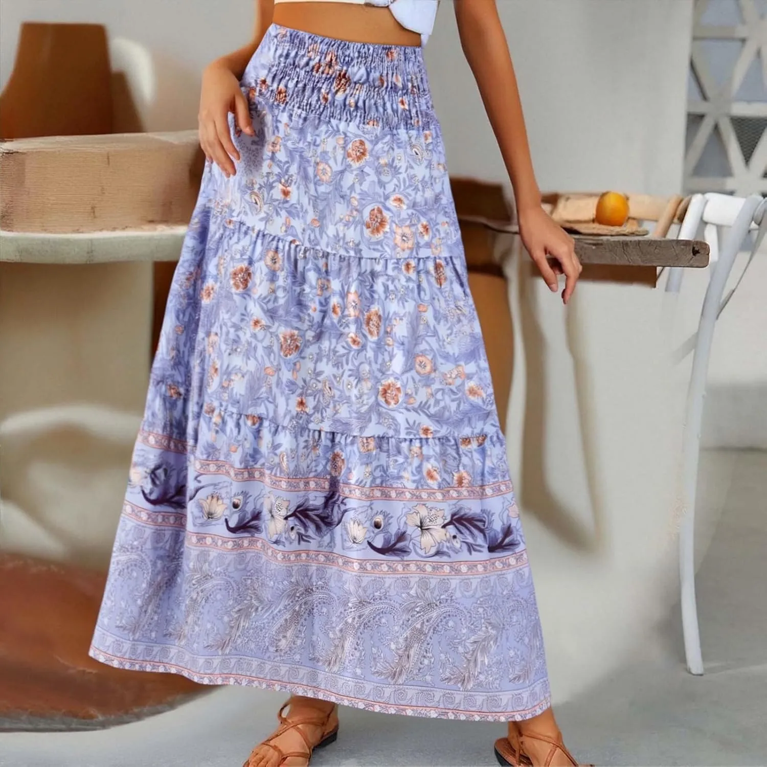 Women Floral Midi Skirt Flowy Elastic Waist Long Skirts Boho Summer Vacation Beach A-Line Swing Skirts 2025 Fashion