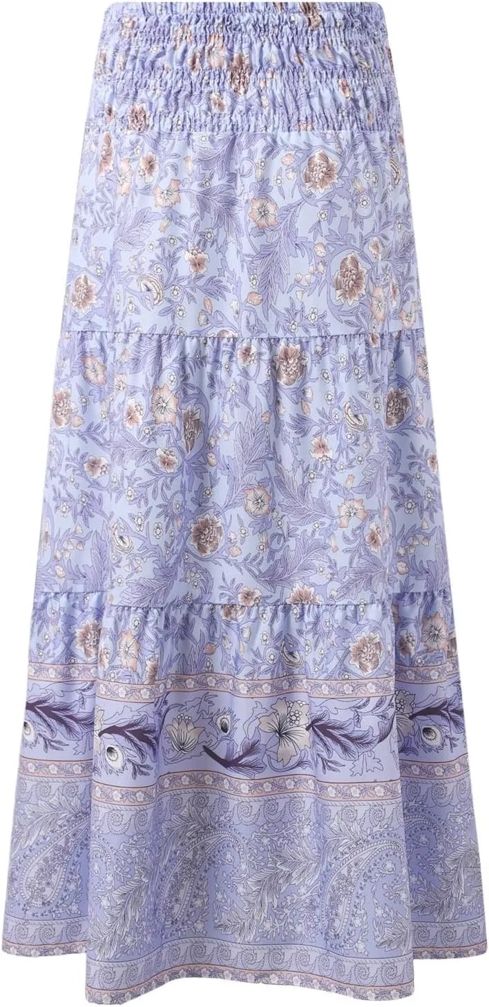 Women Floral Midi Skirt Flowy Elastic Waist Long Skirts Boho Summer Vacation Beach A-Line Swing Skirts 2025 Fashion