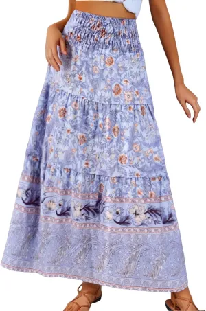 Women Floral Midi Skirt Flowy Elastic Waist Long Skirts Boho Summer Vacation Beach A-Line Swing Skirts 2025 Fashion