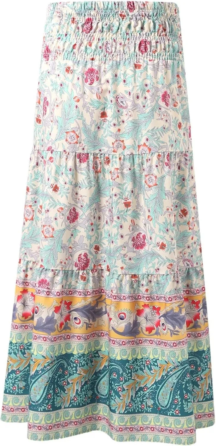 Women Floral Midi Skirt Flowy Elastic Waist Long Skirts Boho Summer Vacation Beach A-Line Swing Skirts 2025 Fashion