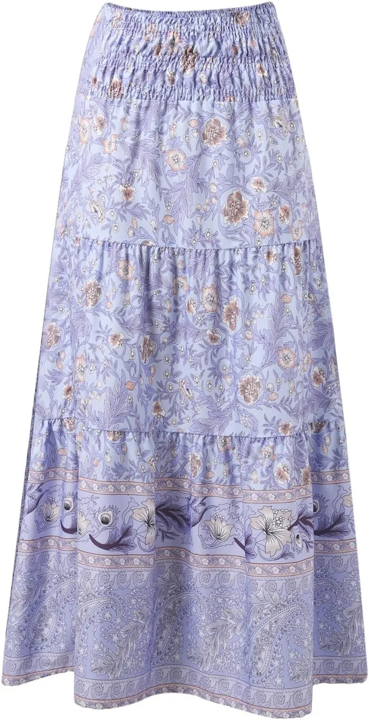 Women Floral Midi Skirt Flowy Elastic Waist Long Skirts Boho Summer Vacation Beach A-Line Swing Skirts 2025 Fashion
