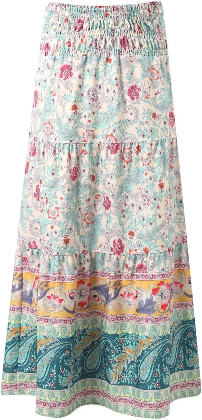 Women Floral Midi Skirt Flowy Elastic Waist Long Skirts Boho Summer Vacation Beach A-Line Swing Skirts 2025 Fashion