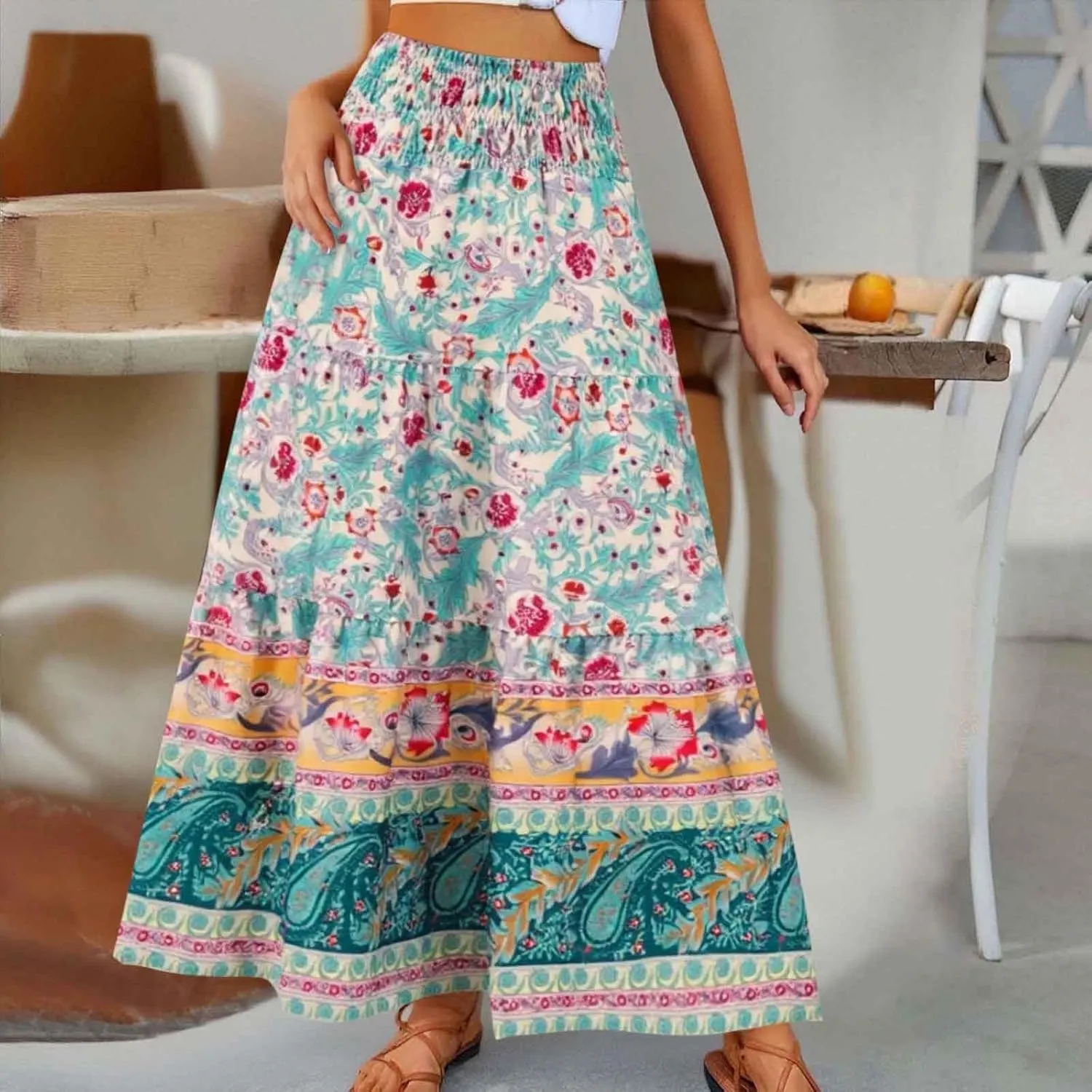 Women Floral Midi Skirt Flowy Elastic Waist Long Skirts Boho Summer Vacation Beach A-Line Swing Skirts 2025 Fashion