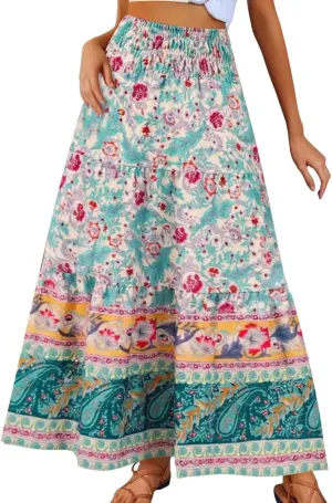 Women Floral Midi Skirt Flowy Elastic Waist Long Skirts Boho Summer Vacation Beach A-Line Swing Skirts 2025 Fashion