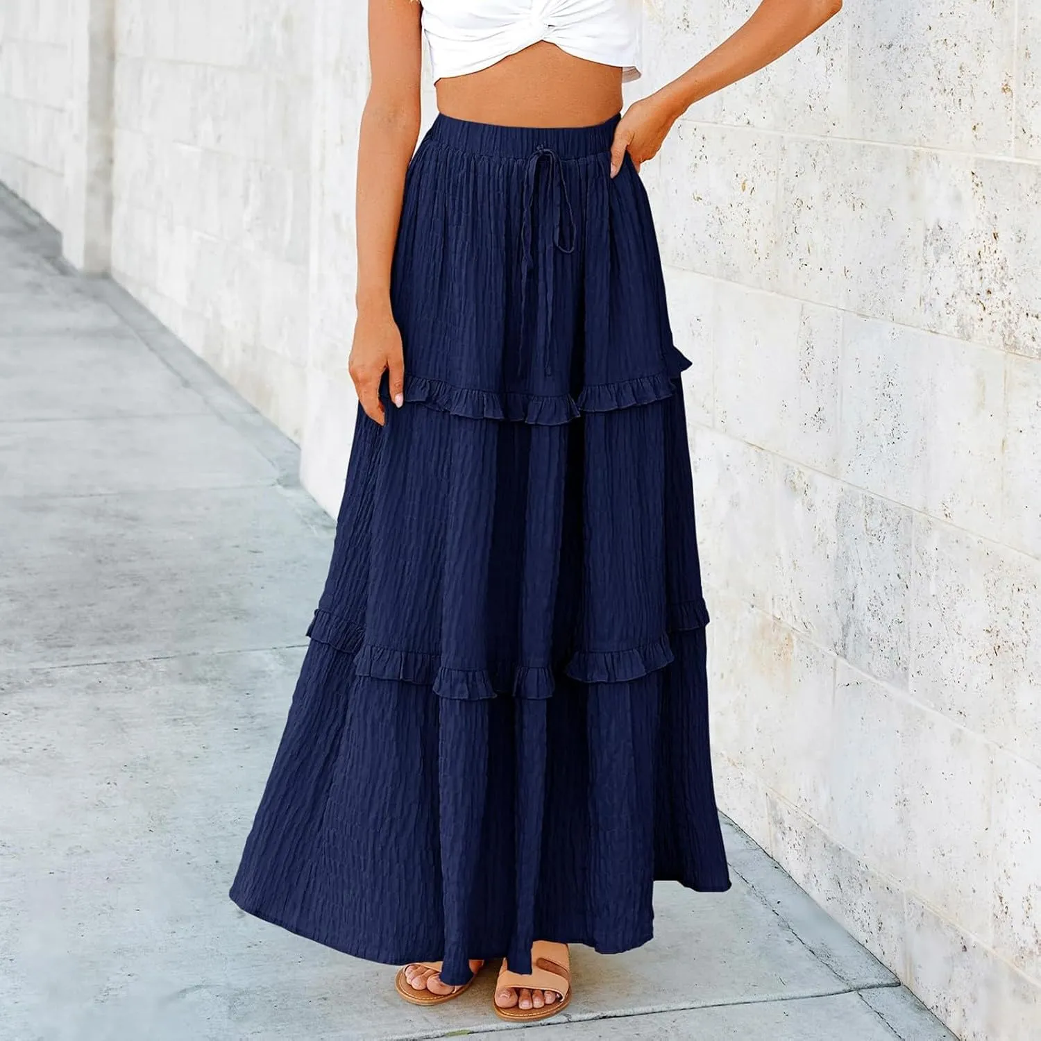 Women Flowy Maxi Skirt Boho Elastic Waist Pleated A-Line Long Skirts Ruffle Summer Beach Skirt with Drawstring