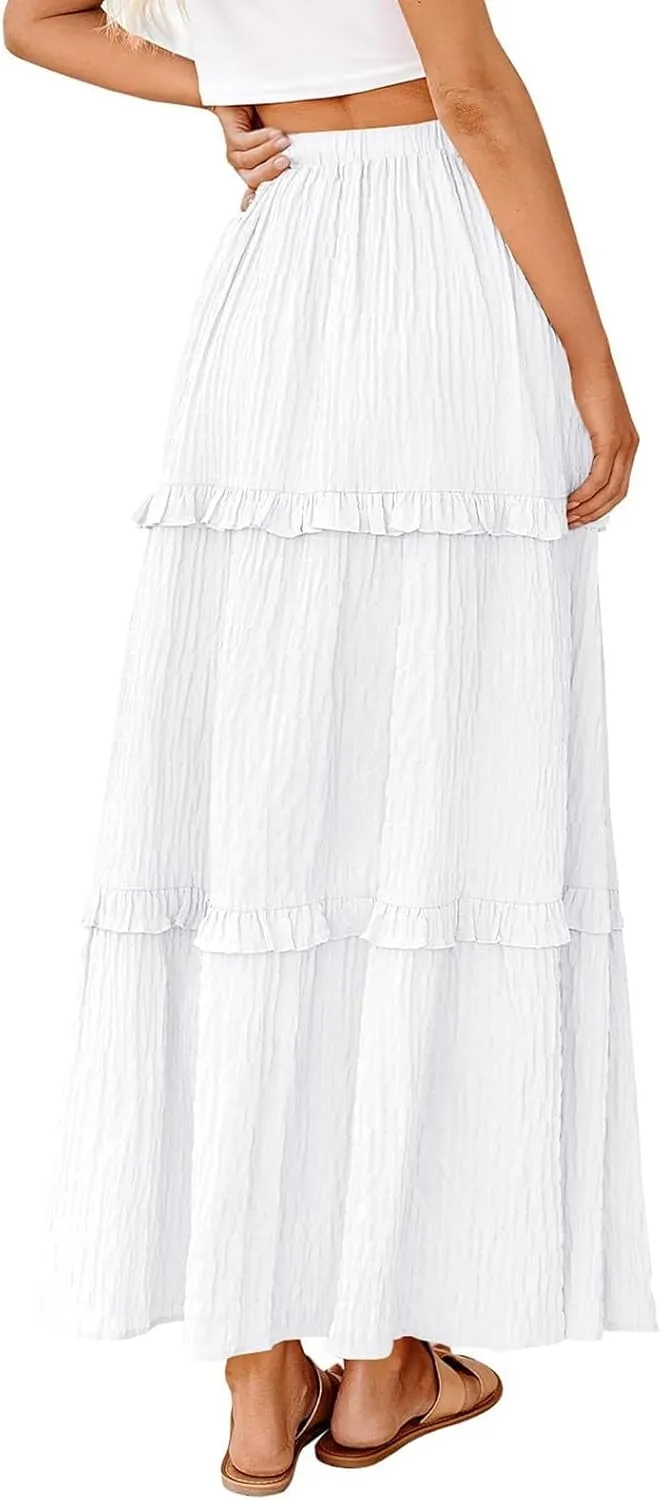Women Flowy Maxi Skirt Boho Elastic Waist Pleated A-Line Long Skirts Ruffle Summer Beach Skirt with Drawstring