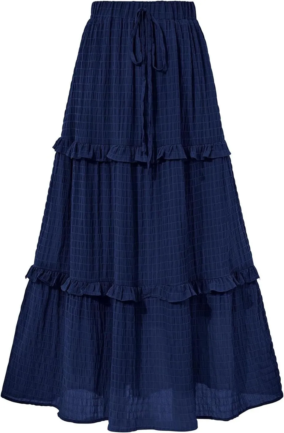 Women Flowy Maxi Skirt Boho Elastic Waist Pleated A-Line Long Skirts Ruffle Summer Beach Skirt with Drawstring